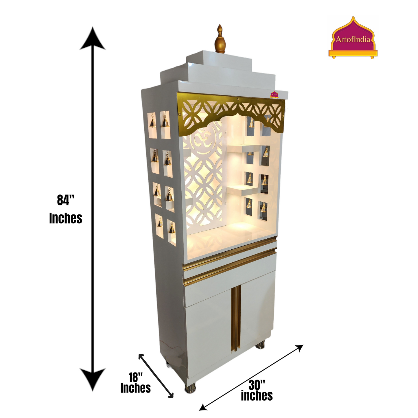 ARTOFINDIA/Gorgeous White Designer Wooden Mandir With (Front) Jali & Side Bells For Home/Designer Temple