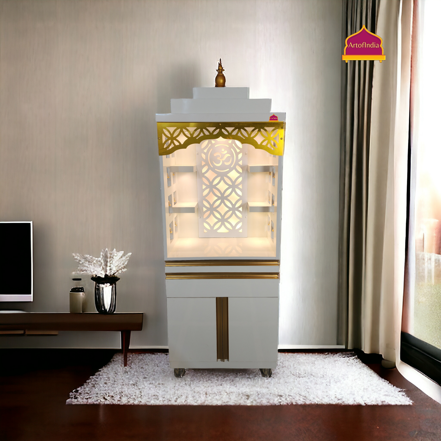 ARTOFINDIA/Gorgeous White Designer Wooden Mandir With (Front) Jali & Side Bells For Home/Designer Temple