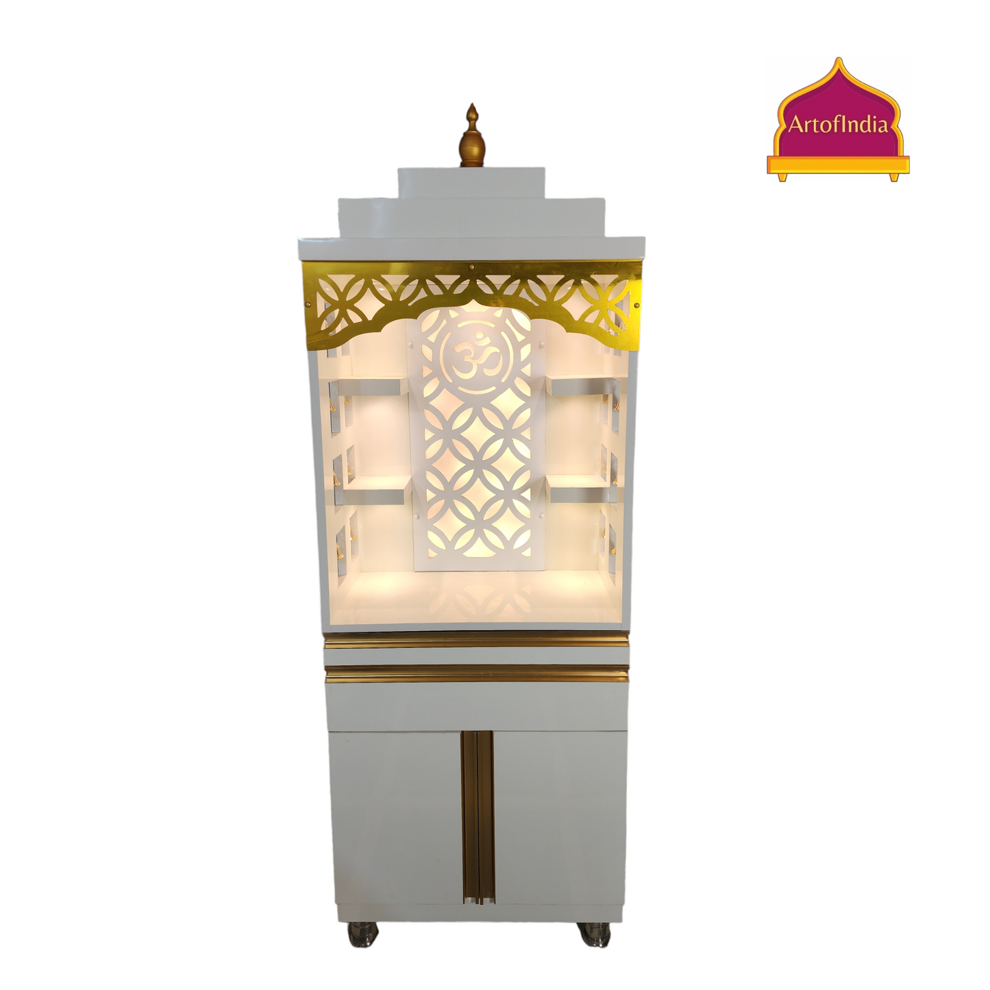 ARTOFINDIA/Gorgeous White Designer Wooden Mandir With (Front) Jali & Side Bells For Home/Designer Temple