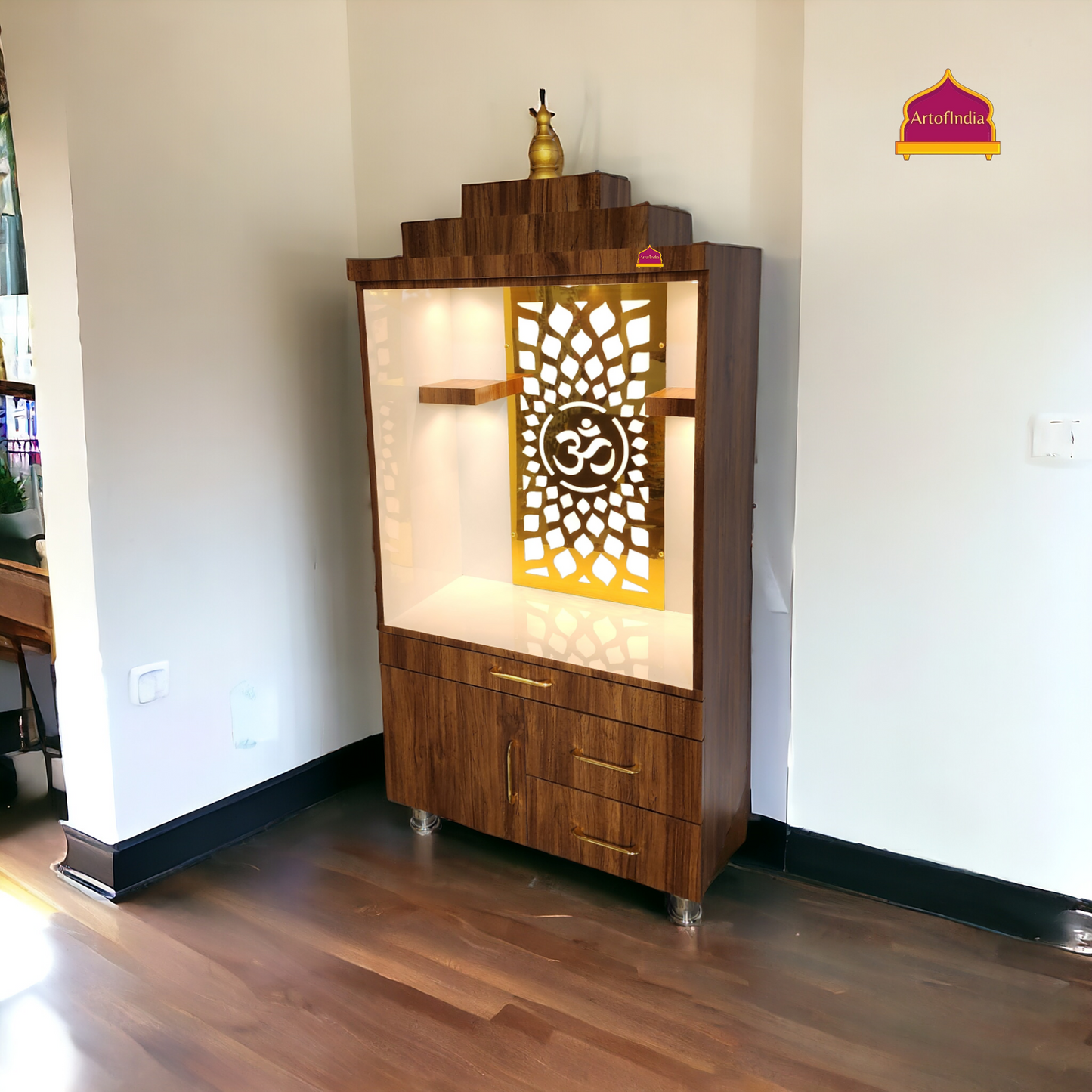 ARTOFINDIA/ Beautiful White & Brown Designer Wooden Mandir With 2 Shelfs For Home/Designer Temple