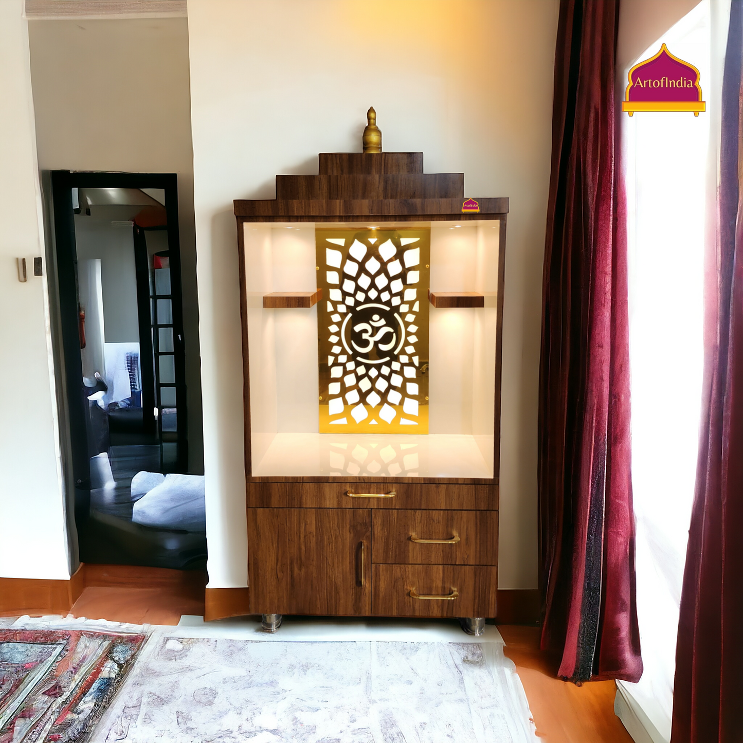 ARTOFINDIA/ Beautiful White & Brown Designer Wooden Mandir With 2 Shelfs For Home/Designer Temple