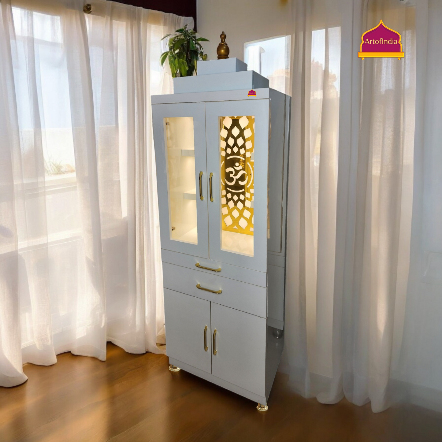 ARTOFINDIA/Brilliant White Designer Wooden Mandir With Glass Doors & Shelfs For Home/ Designer Temple