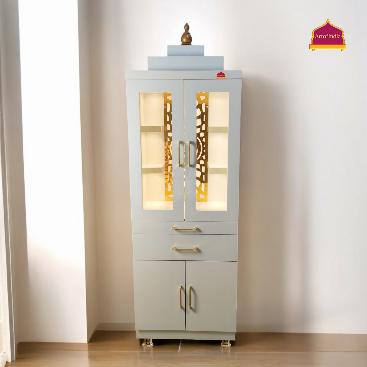 ARTOFINDIA/Brilliant White Designer Wooden Mandir With Glass Doors & Shelfs For Home/ Designer Temple