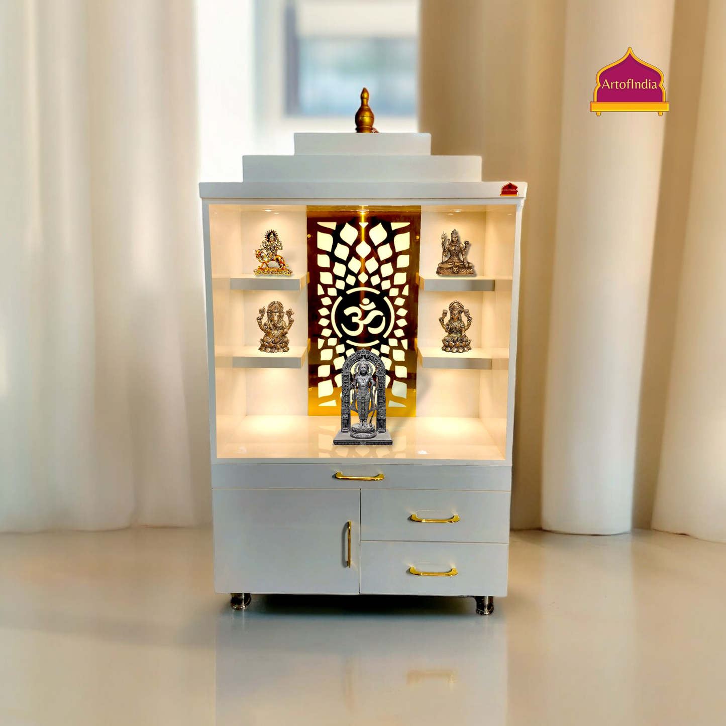 ARTOFINDIA Elegant White Designer Wooden Mandir (OM) With Shelfs For Home/ Designer Temple