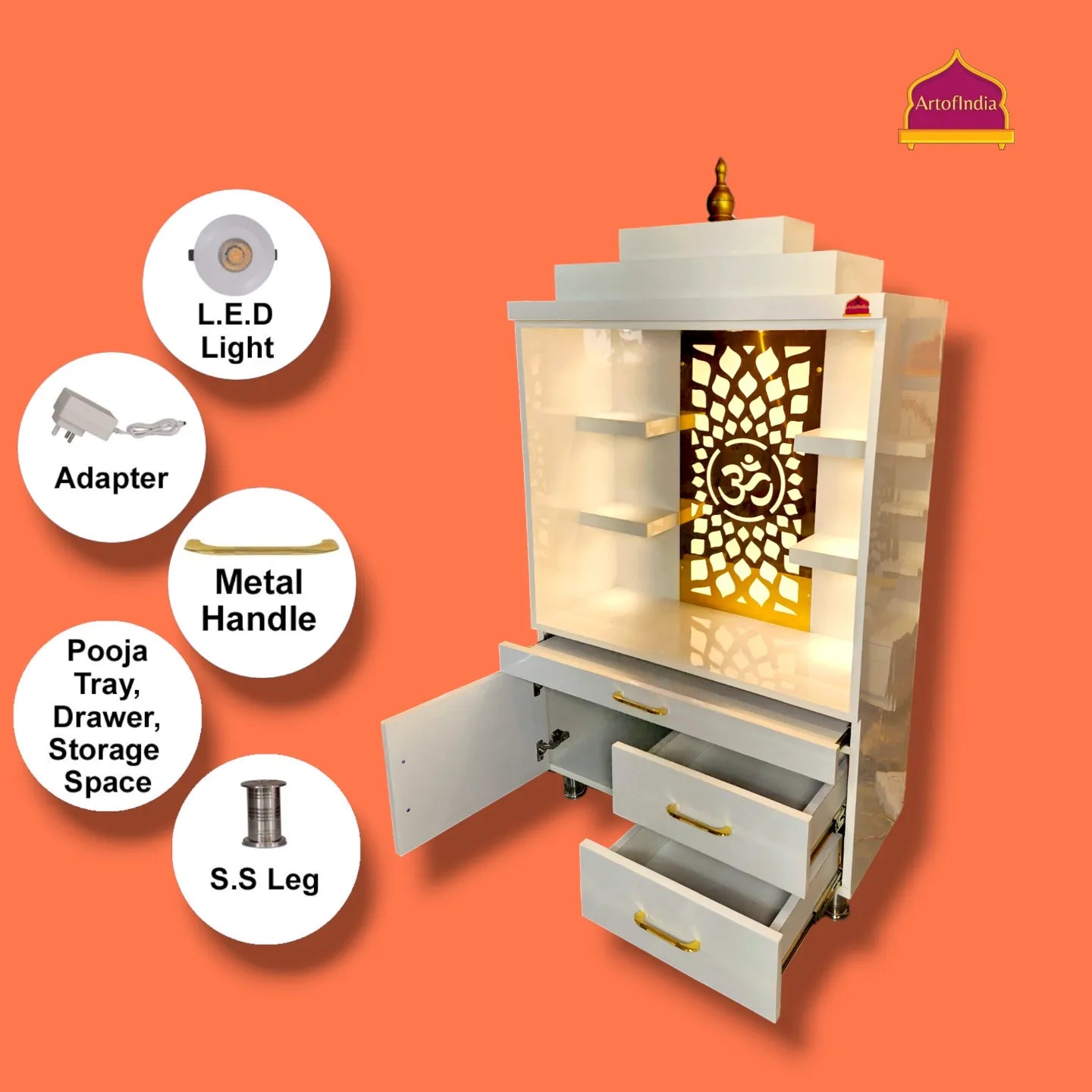 ARTOFINDIA Elegant White Designer Wooden Mandir (OM) With Shelfs For Home/ Designer Temple