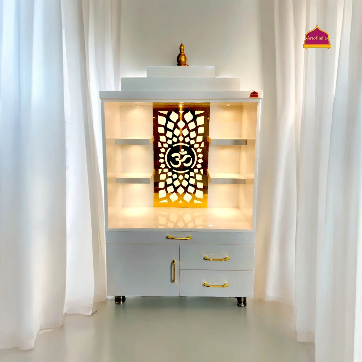 ARTOFINDIA Elegant White Designer Wooden Mandir (OM) With Shelfs For Home/ Designer Temple