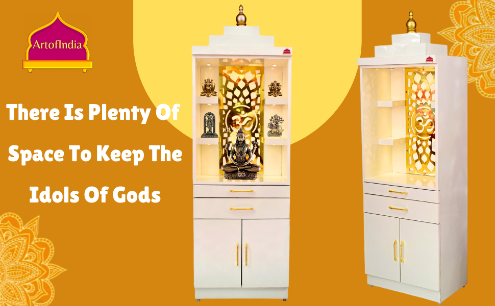 ARTOFINDIA White Wooden Pooja Mandir for Home/Temple for Office/Pooja Mandir with Om Golden Jali LED Warm White Light & 4 shelfs