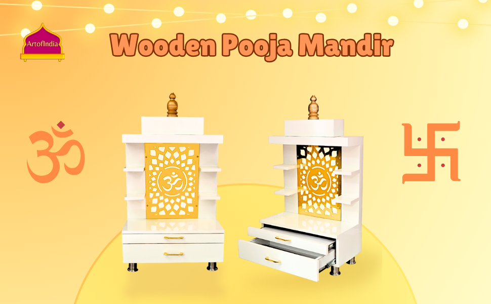 ARTOFINDIA Designer Wooden Temple,Wall Hanging & Floor Mounted,  Wooden Mandir for Home and Office with warm white Lights