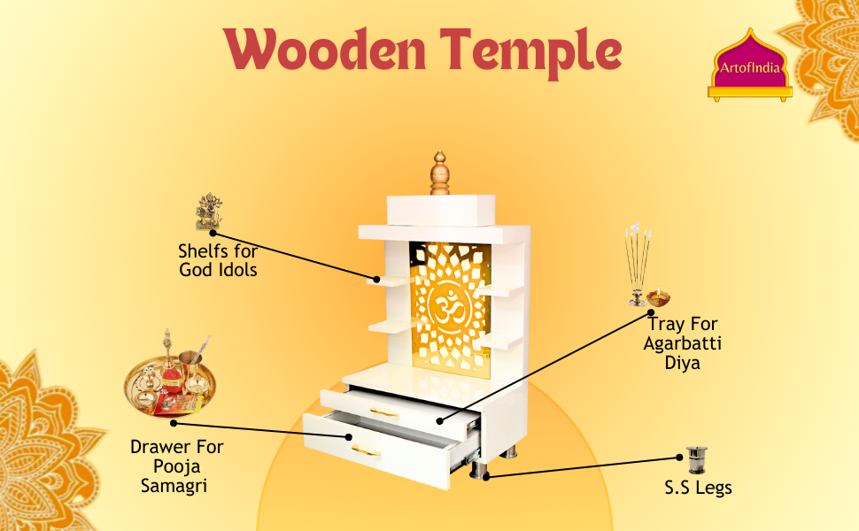 ARTOFINDIA Designer Wooden Temple,Wall Hanging & Floor Mounted,  Wooden Mandir for Home and Office with warm white Lights