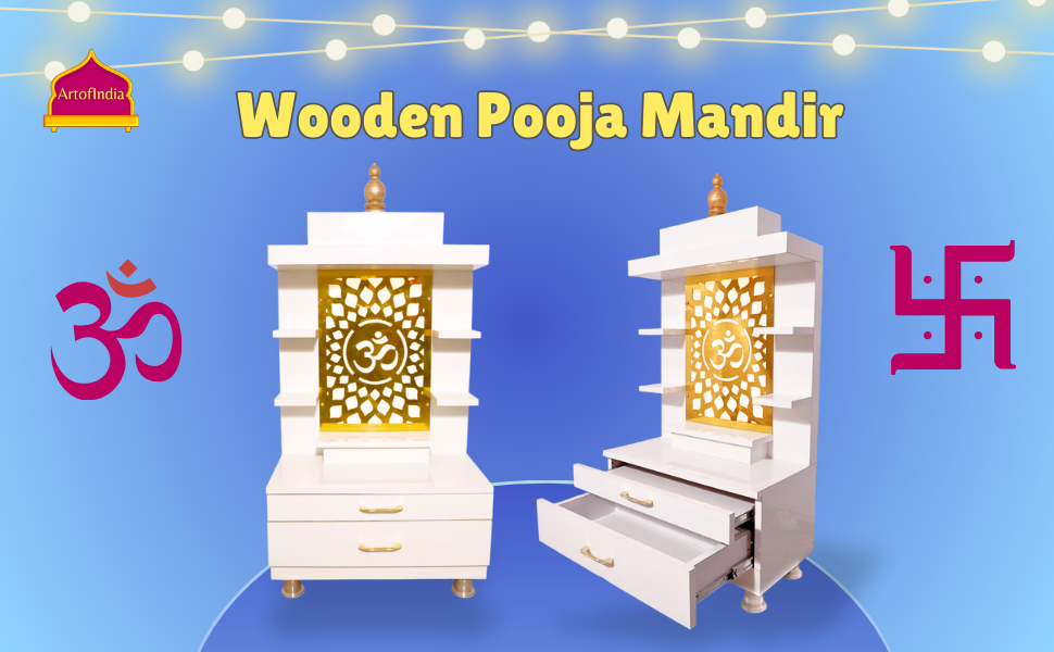 ARTOFINDIA Designer Wooden Mandir, Decorative Wooden Mandir with Lights & Shelfs