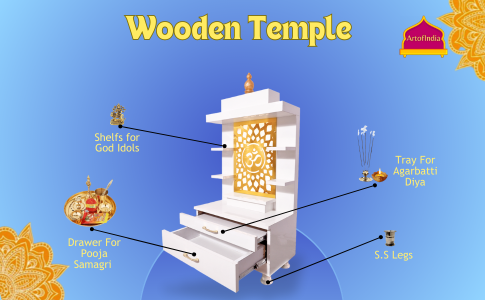 ARTOFINDIA Designer Wooden Mandir, Decorative Wooden Mandir with Lights & Shelfs