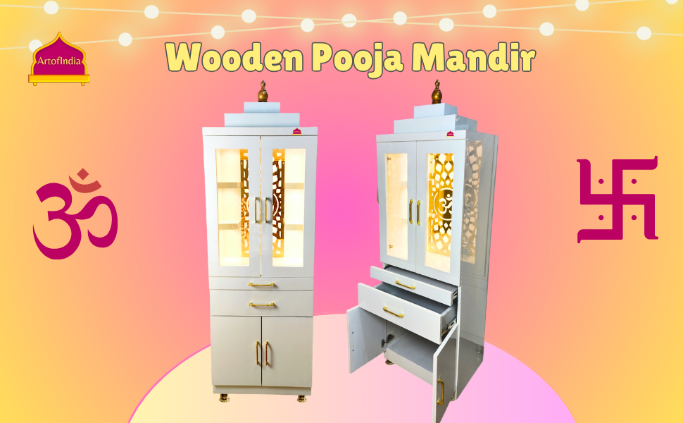 ARTOFINDIA/Brilliant White Designer Wooden Mandir With Glass Doors & Shelfs For Home/ Designer Temple