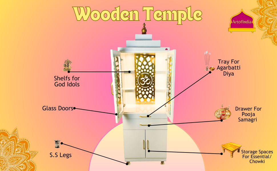 ARTOFINDIA/Brilliant White Designer Wooden Mandir With Glass Doors & Shelfs For Home/ Designer Temple