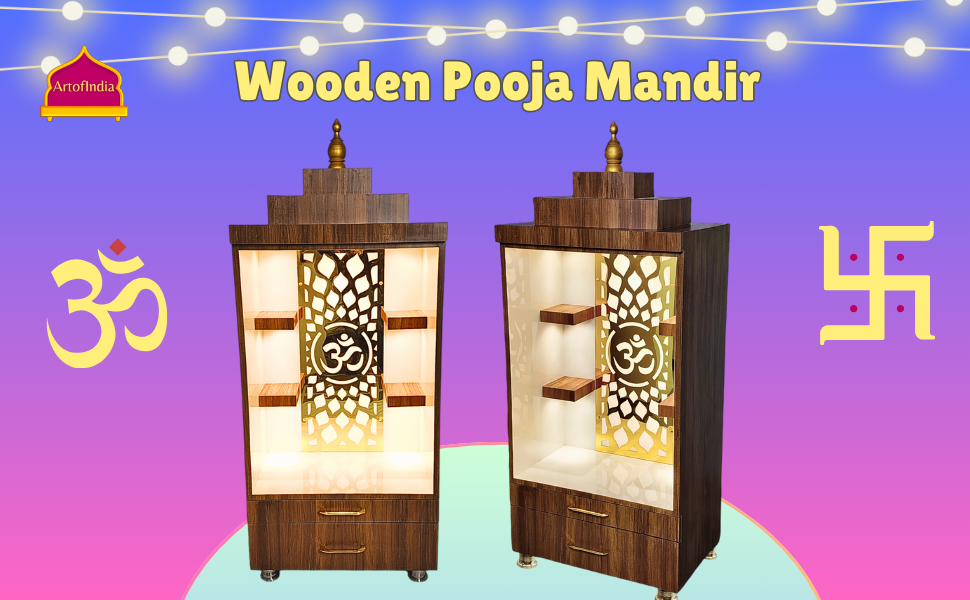 ARTOFINDIA/Beautiful Brown & White Designer Wooden Mandir With Shelfs For Home /Designer Temple