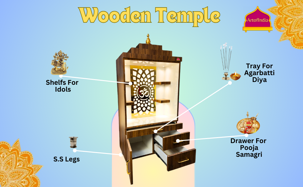 ARTOFINDIA/Beautiful Brown & White Designer Wooden Mandir With Shelfs For Home /Designer Temple