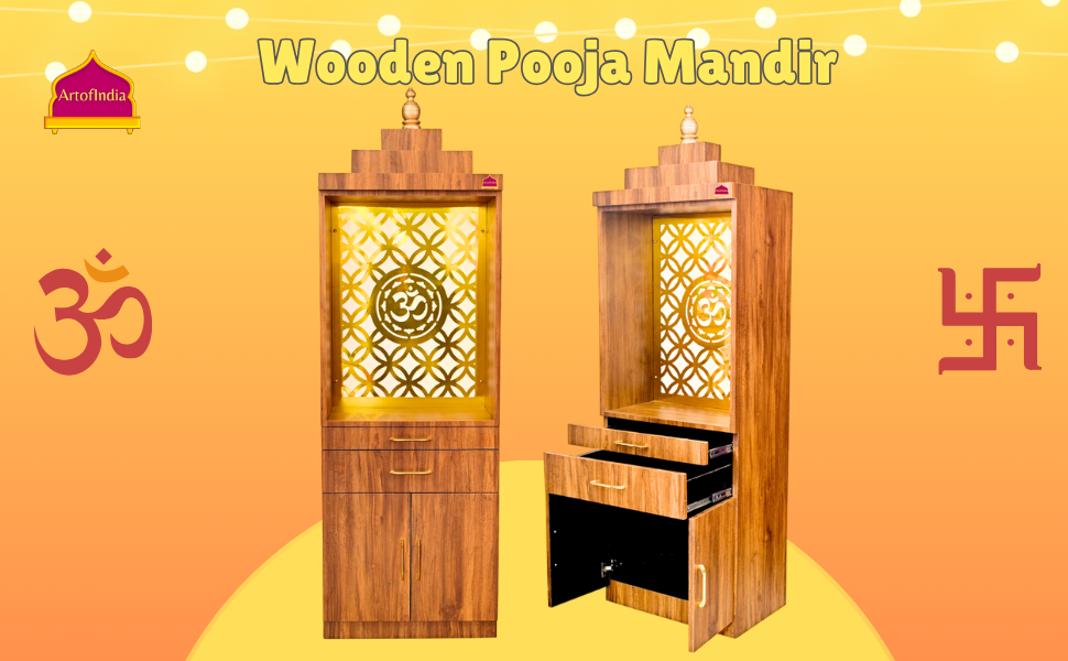 ARTOFINDIA Beautiful Wooden Pooja Mandir for Home/Temple for Home and Office/Pooja Mandir for Home and Office with Om LED Warm White Light