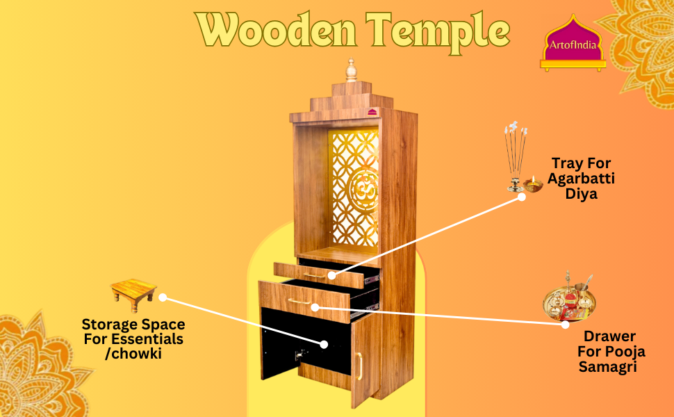 ARTOFINDIA Beautiful Wooden Pooja Mandir for Home/Temple for Home and Office/Pooja Mandir for Home and Office with Om LED Warm White Light