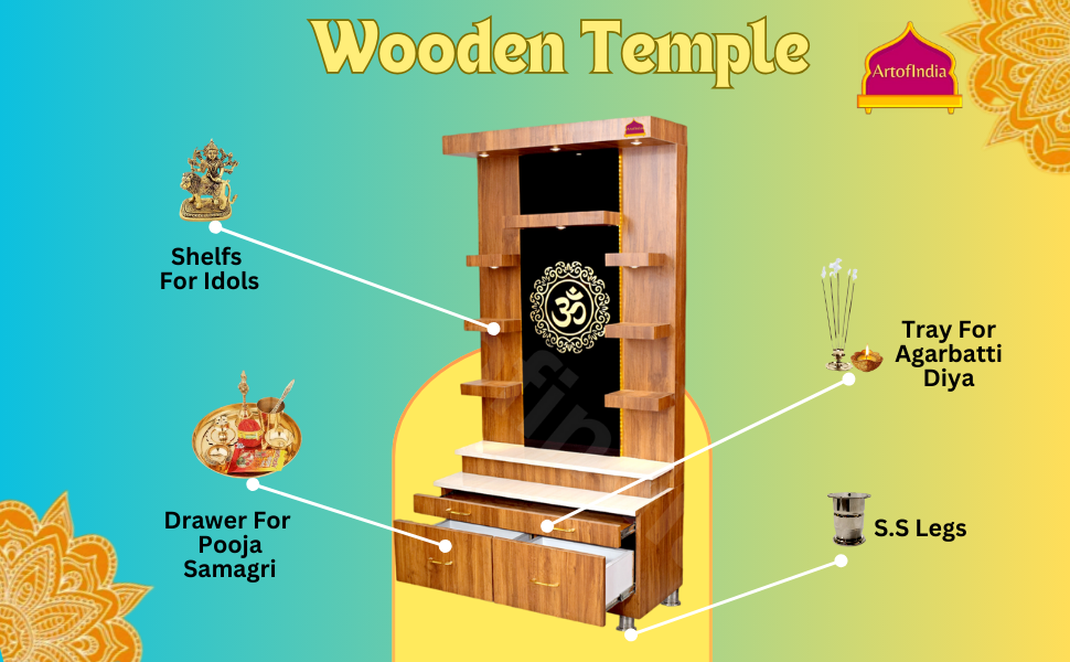 ARTOFINDIA Designer Wooden Mandir for Home/Temple Home/Pooja Mandir with Glass OM Glowing Warm White Lights