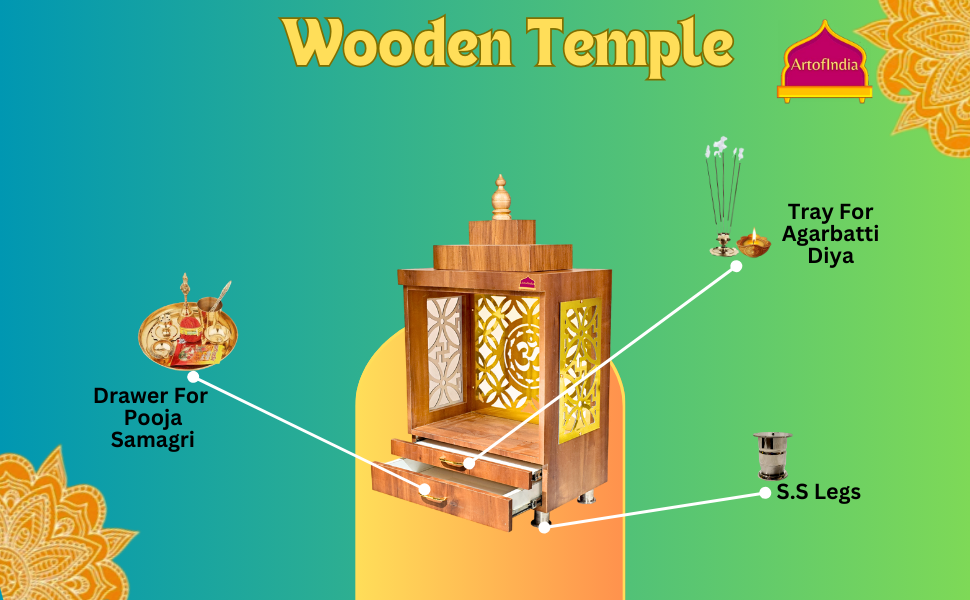 ARTOFINDIA Wooden Temple, Wooden Mandir for Home, Decorative Wooden Mandir with Lights