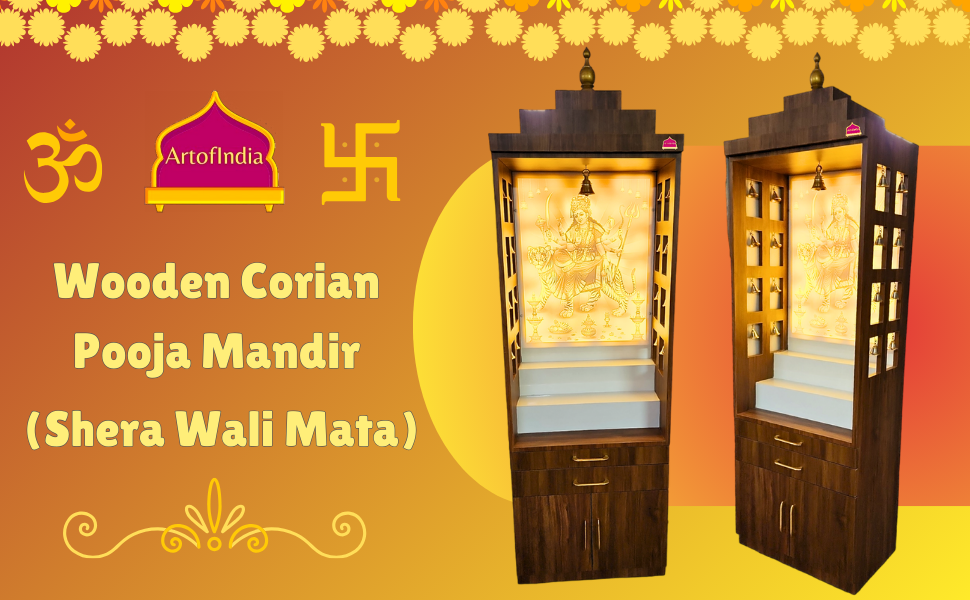 ARTOFINDIA Beautiful Corian Shera Wali MATA Wooden Pooja Mandir for Home/Office with Corian Marble Back Glowing Warm White Light