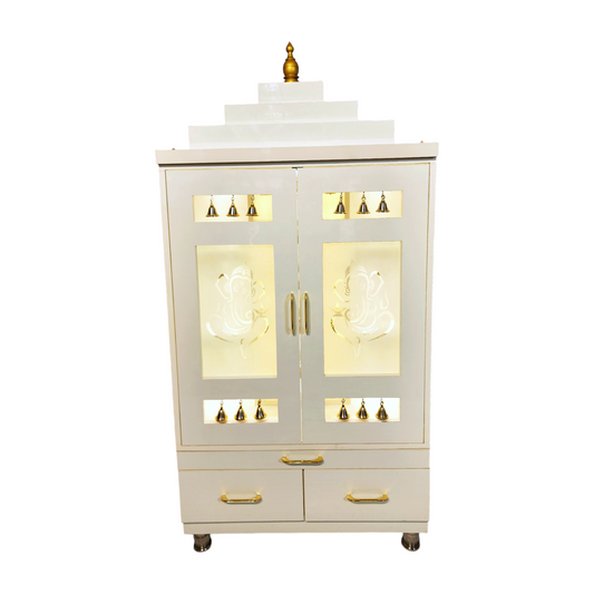 ARTOFINDIA Elegant White Wooden Mandir With Designer Glass Doors, Shelfs & Bells For Home / Designer Temple