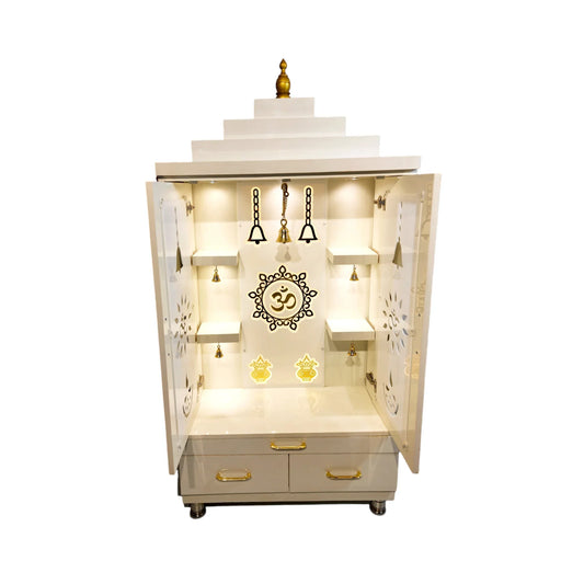ARTOFINDIA Elegant White Wooden Mandir (Om) With Designer Doors, Shelfs For Home / Designer Temple