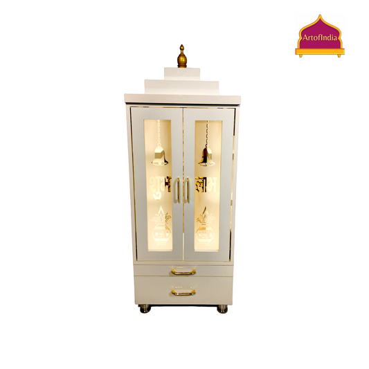 ARTOFINDIA Elegant White Wooden Mandir OM (Backglass) With Pocket Glass Doors (Shubh Labh & Kalas) And Shelfs For Home / Designer Temple