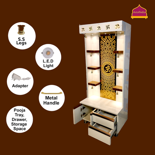 ARTOFINDIA Elegant White Wooden Mandir With (OM) BackGlass & Shelfs For Home / Designer Temple