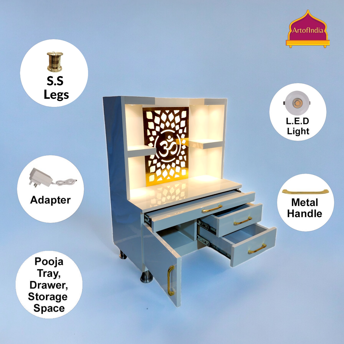 ARTOFINDIA White Wooden Pooja Mandir  ,Om jali  with shelfs  and drawers &tray