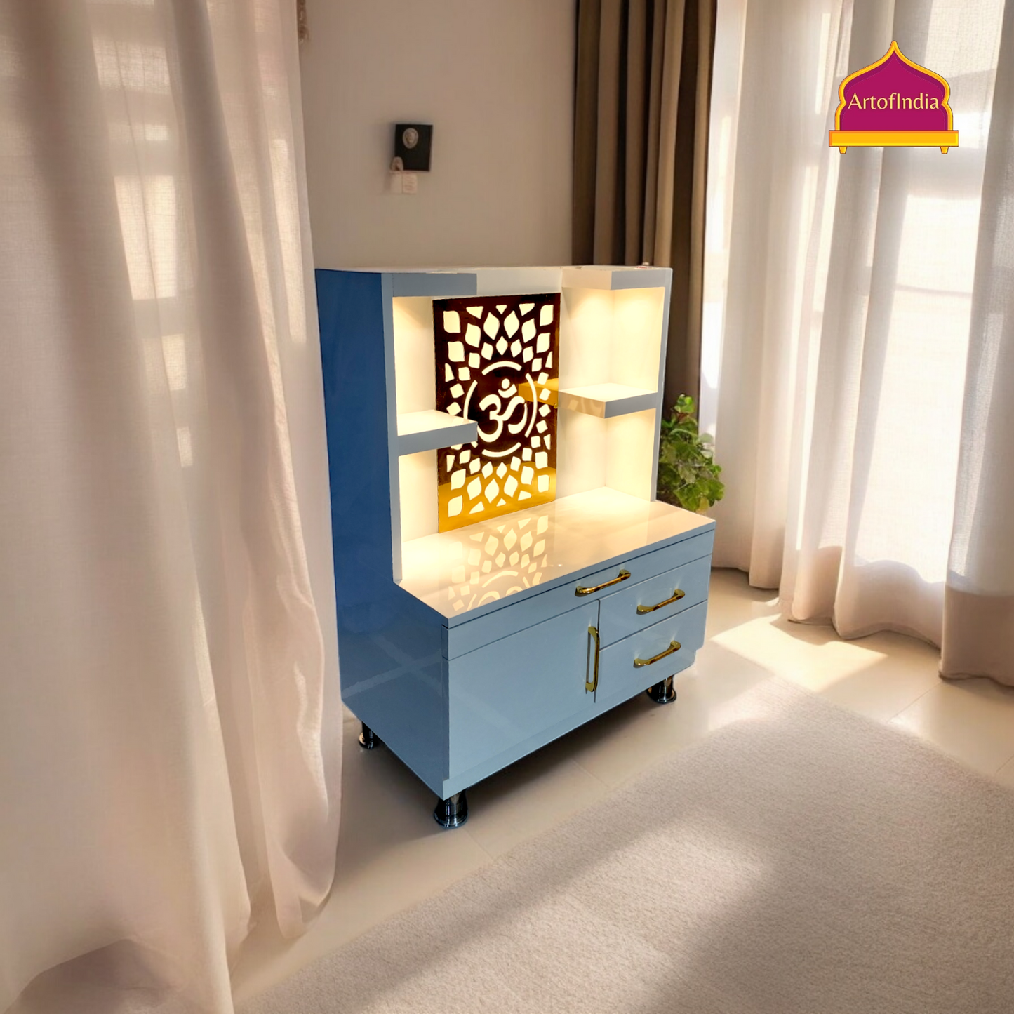 ARTOFINDIA White Wooden Pooja Mandir  ,Om jali  with shelfs  and drawers &tray