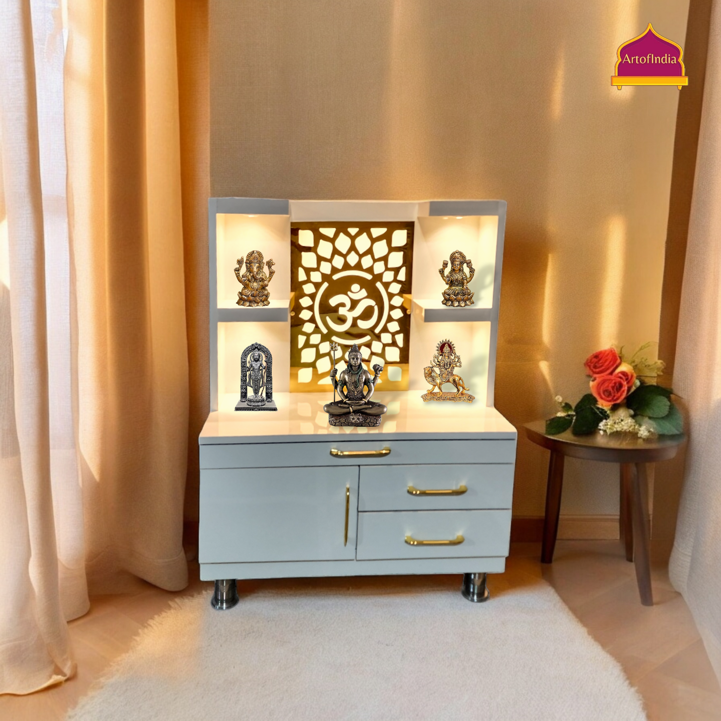ARTOFINDIA White Wooden Pooja Mandir  ,Om jali  with shelfs  and drawers &tray