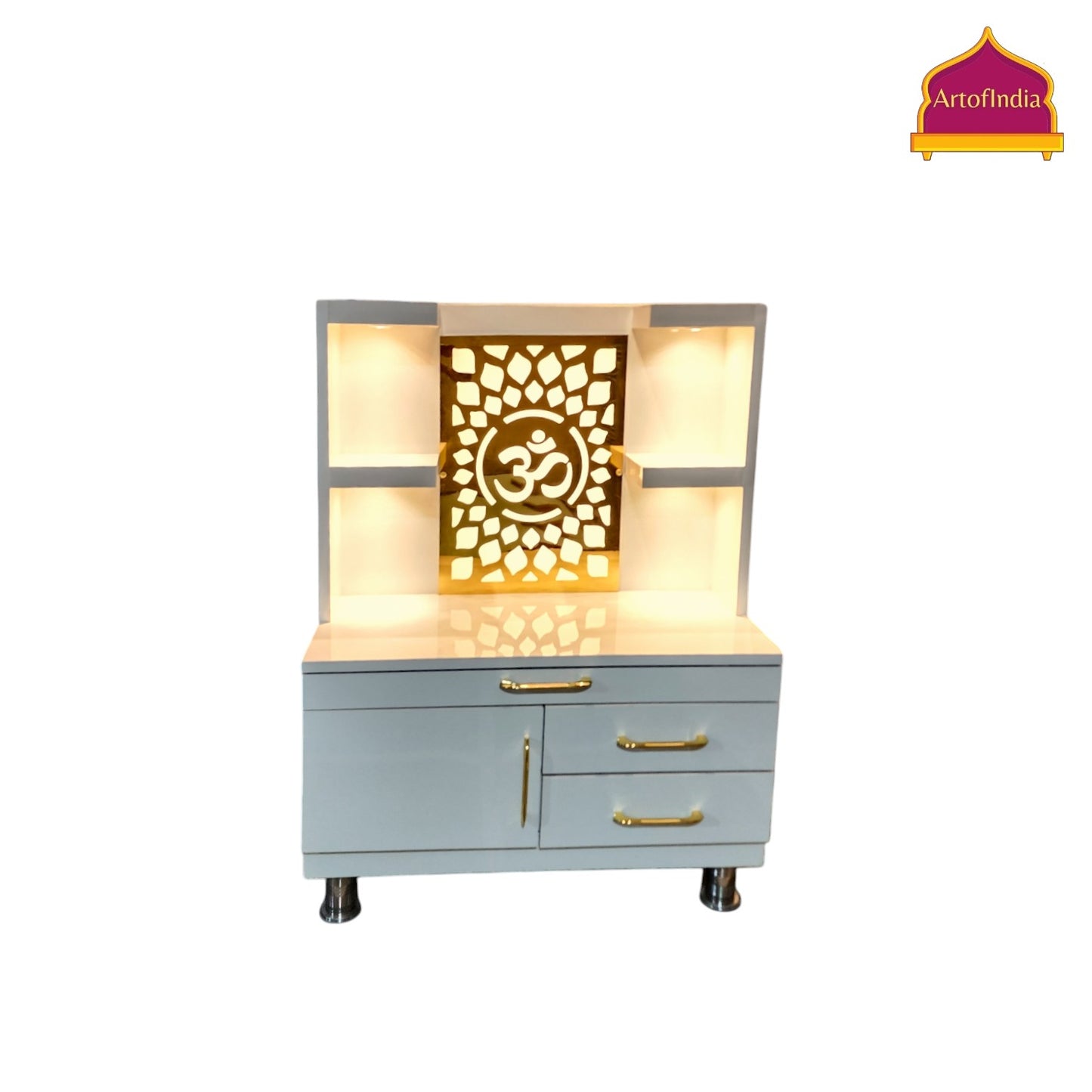 ARTOFINDIA White Wooden Pooja Mandir  ,Om jali  with shelfs  and drawers &tray