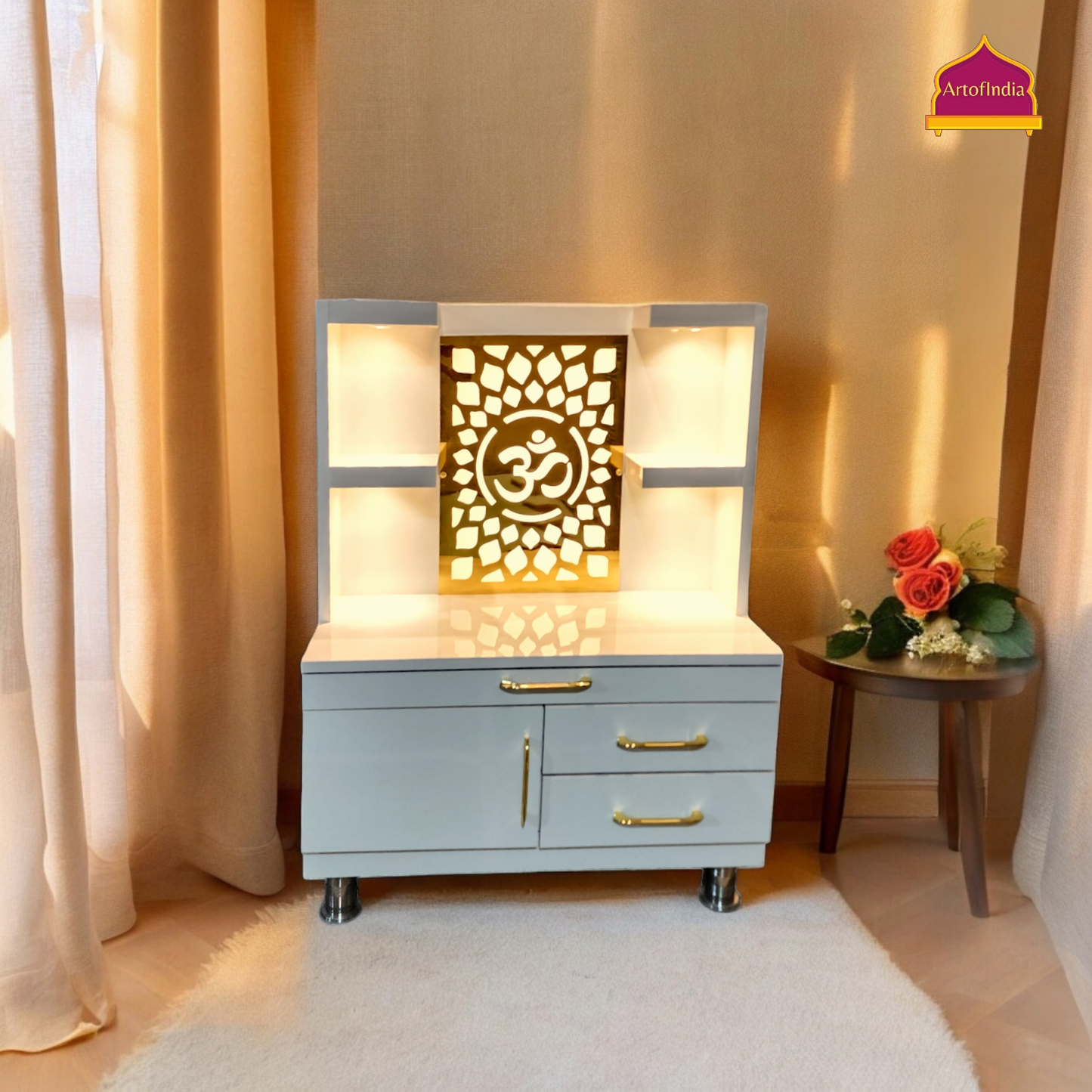 ARTOFINDIA White Wooden Pooja Mandir  ,Om jali  with shelfs  and drawers &tray