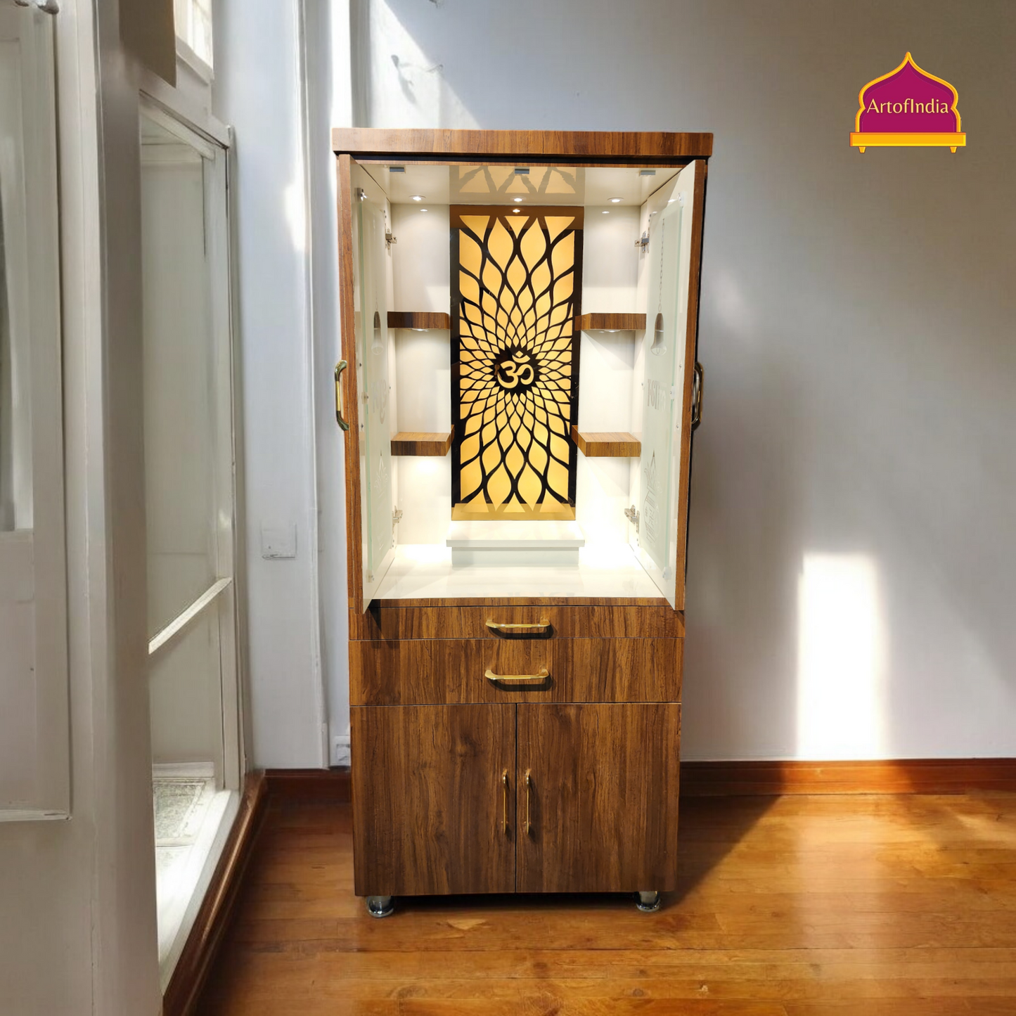 ARTOFINDIA Brown  Wooden Pooja Mandir With doors ,Om Glass  with shelfs  and drawers &tray