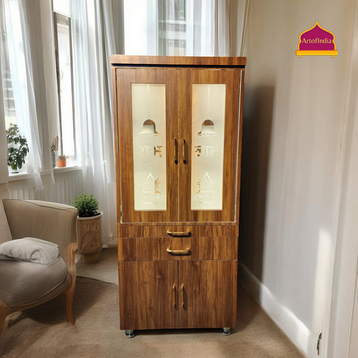 ARTOFINDIA Brown  Wooden Pooja Mandir With doors ,Om Glass  with shelfs  and drawers &tray