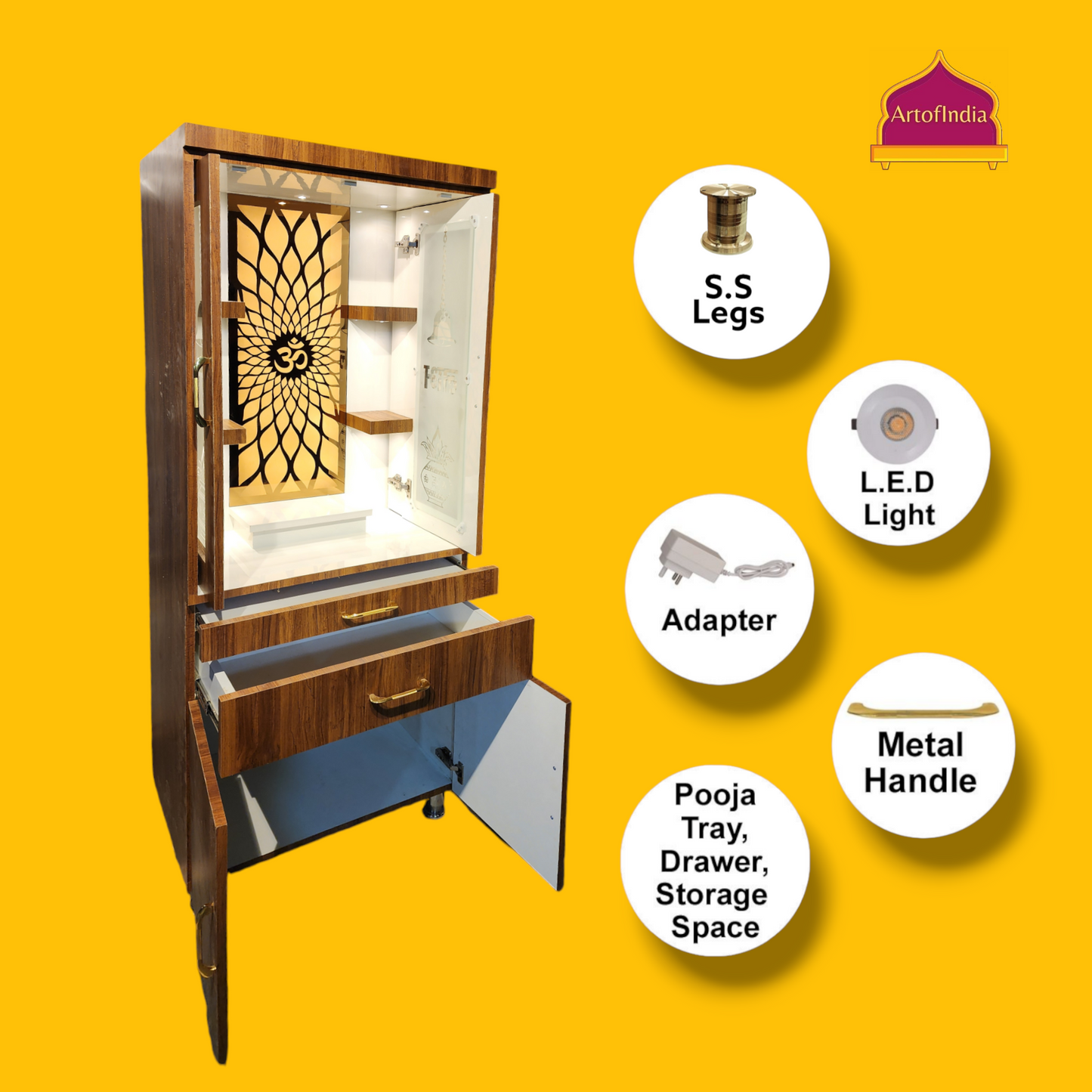 ARTOFINDIA Brown  Wooden Pooja Mandir With doors ,Om Glass  with shelfs  and drawers &tray