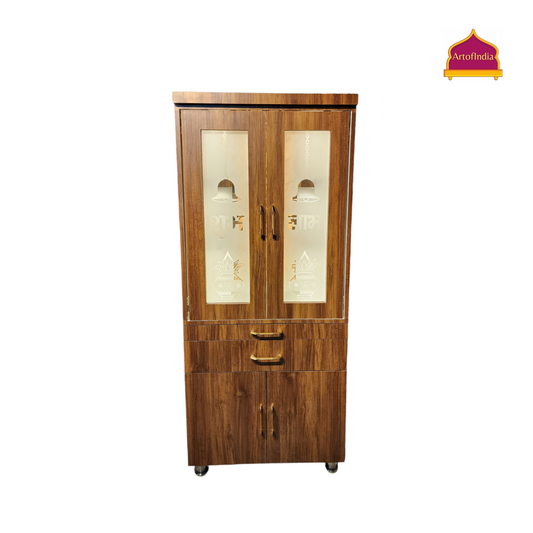 ARTOFINDIA Brown  Wooden Pooja Mandir With doors ,Om Glass  with shelfs  and drawers &tray