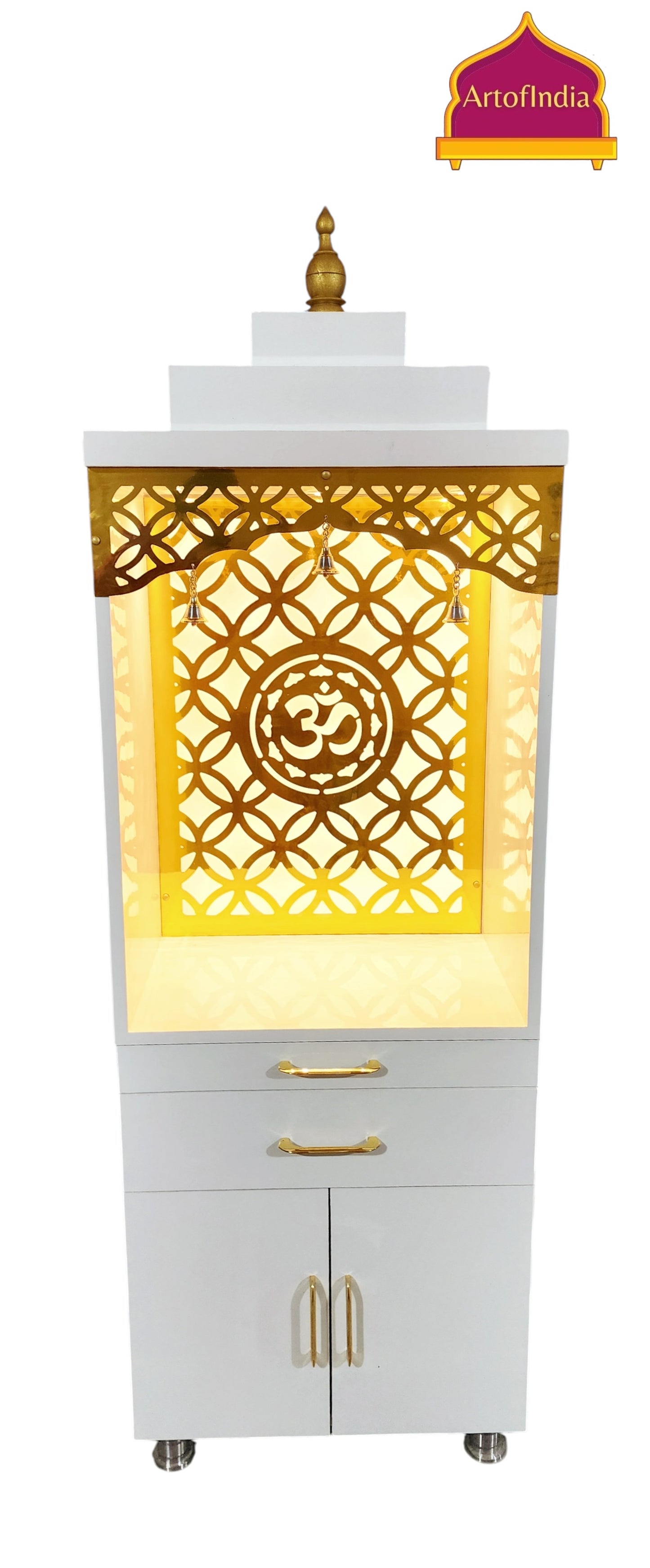 ARTOFINDIA White  Wooden Pooja Mandir With Gumbad & Om jali  with Mehrab  jali and drawers &tray