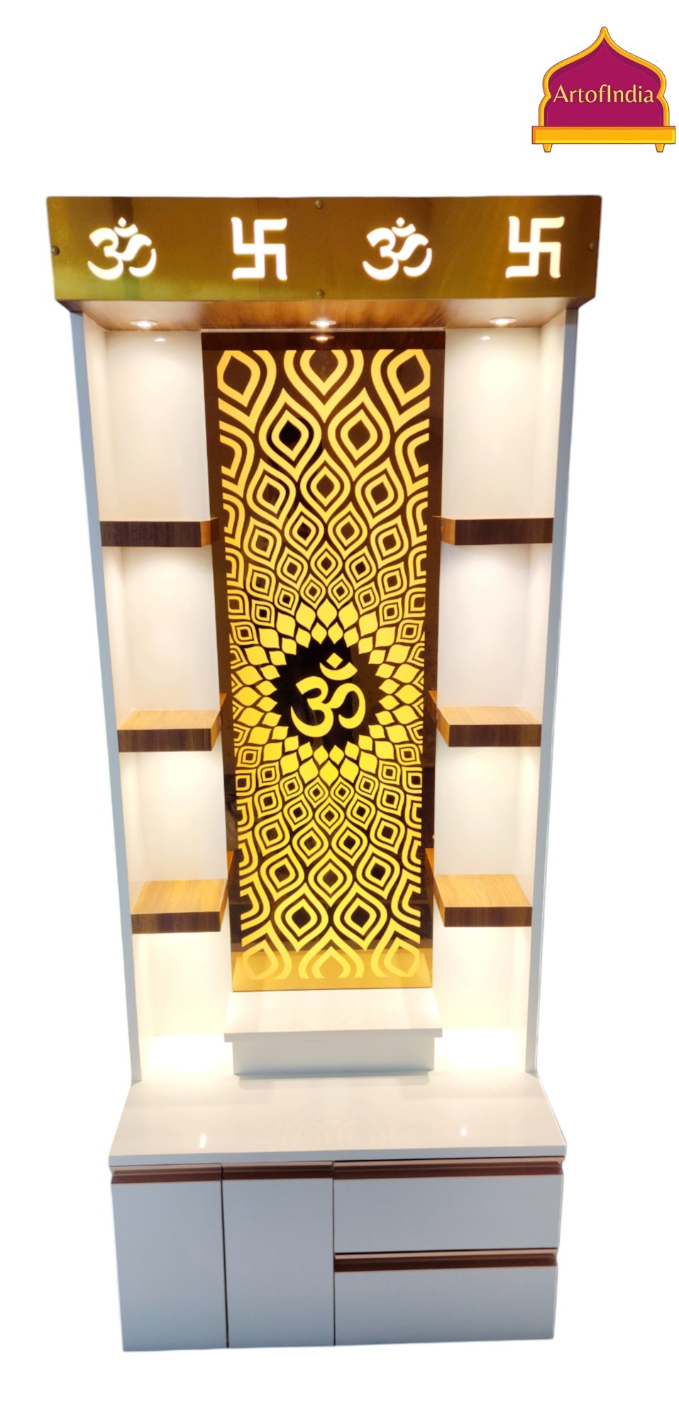 ARTOFINDIA White  Wooden Pooja Mandir With Profile Channel  & Om jali  with shelfs  and drawers &tray