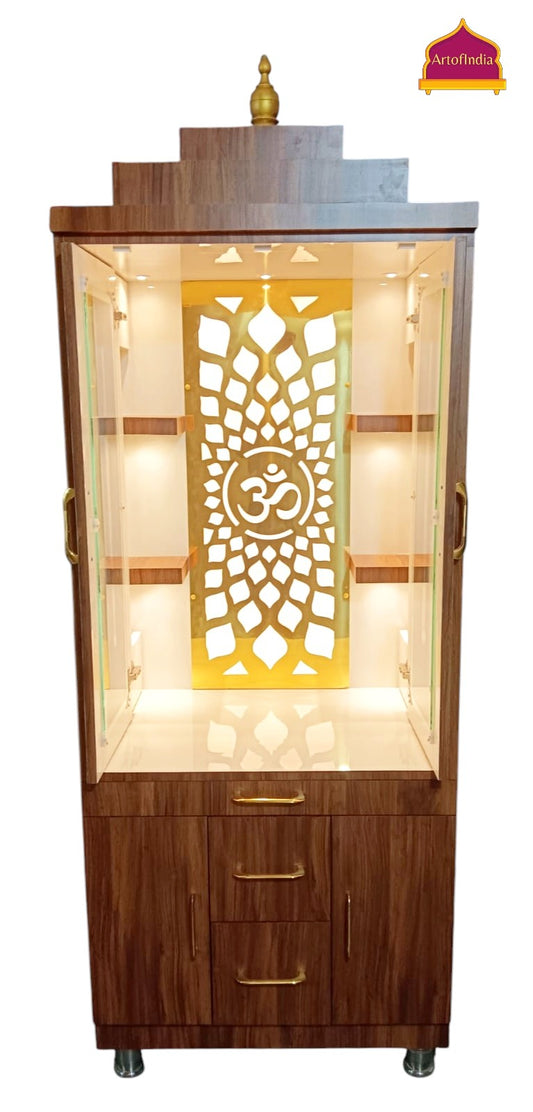 ARTOFINDIA White  Wooden Pooja Mandir With Gumbad & Om jali  with shelfs  and drawers &tray