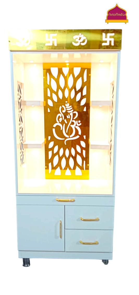 ARTOFINDIA White Wooden Pooja Mandir  ,Ganesha & side jali  with shelfs  and drawers & tray