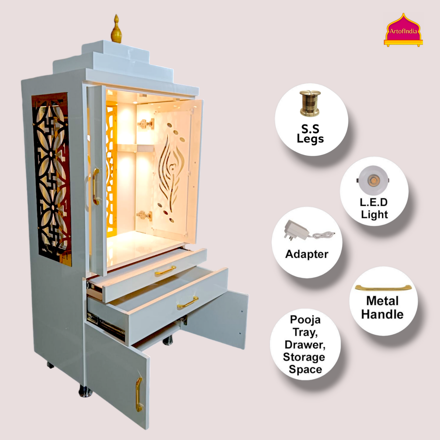 ARTOFINDIA White Wooden Pooja Mandir  With Om jali  and drawers & tray