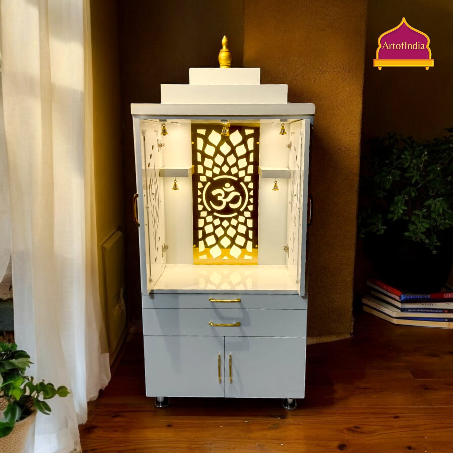 ARTOFINDIA White Wooden Pooja Mandir  With Om jali  and drawers & tray