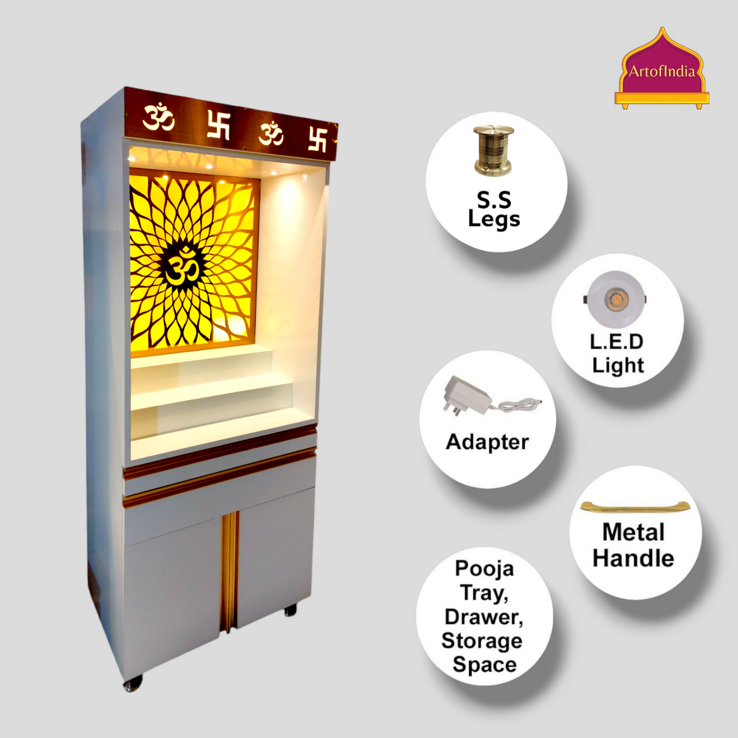 ARTOFINDIA White Wooden Pooja Mandir With Om Glass  and Drawers Included Tray