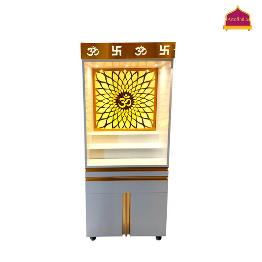 ARTOFINDIA White Wooden Pooja Mandir With Om Glass  and Drawers Included Tray