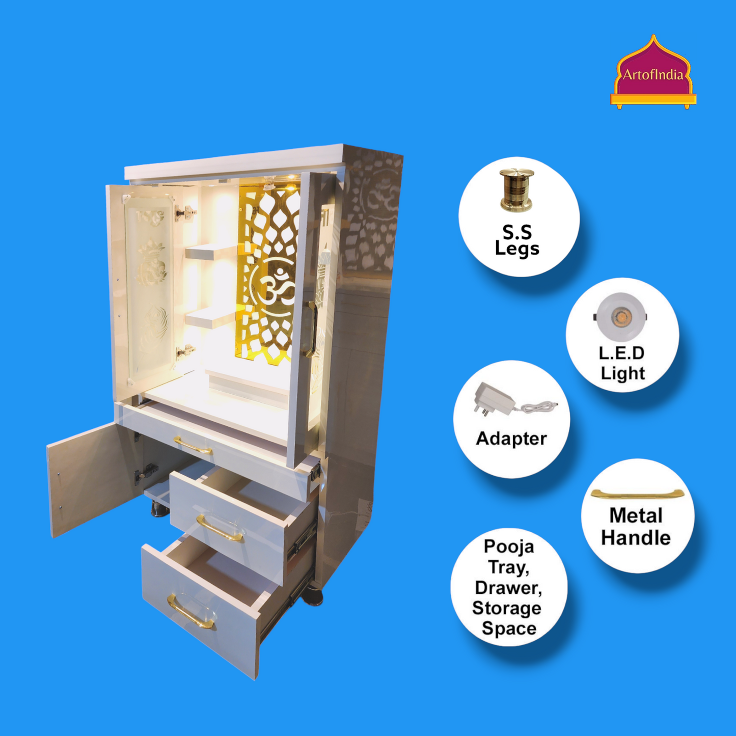 ARTOFINDIA White Wooden Pooja Mandir  With jali Doors & Om Jali and Drawers Included Tray