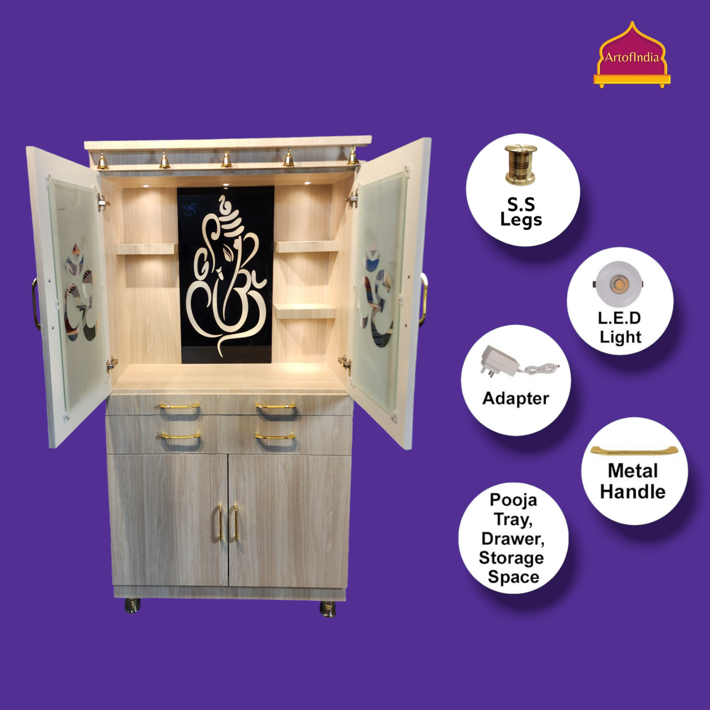 ARTOFINDIA White Wooden Pooja Mandir With Glass Doors & Ganesha glass and Drawers Included Tray