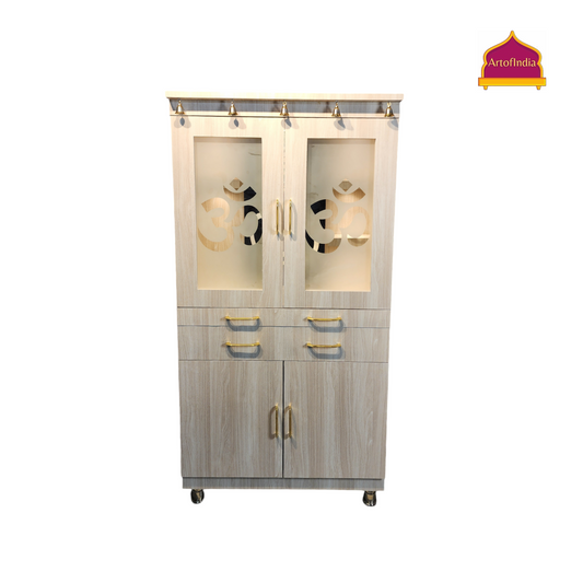 ARTOFINDIA White Wooden Pooja Mandir With Glass Doors & Ganesha glass and Drawers Included Tray