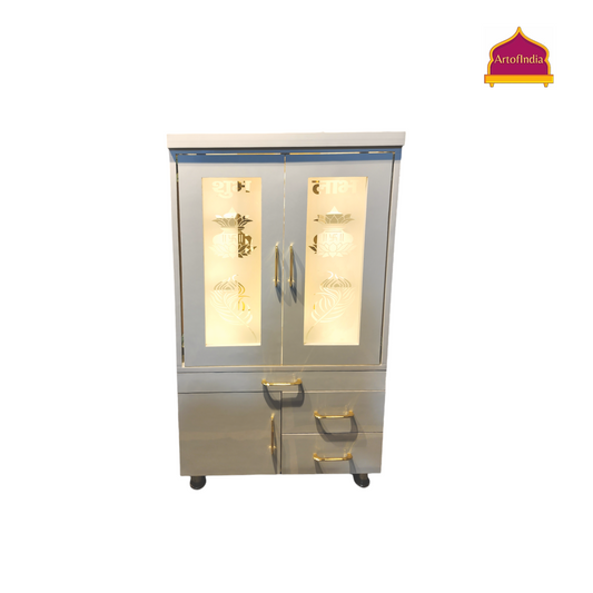 ARTOFINDIA White Wooden Pooja Mandir  With jali Doors & Om Jali and Drawers Included Tray