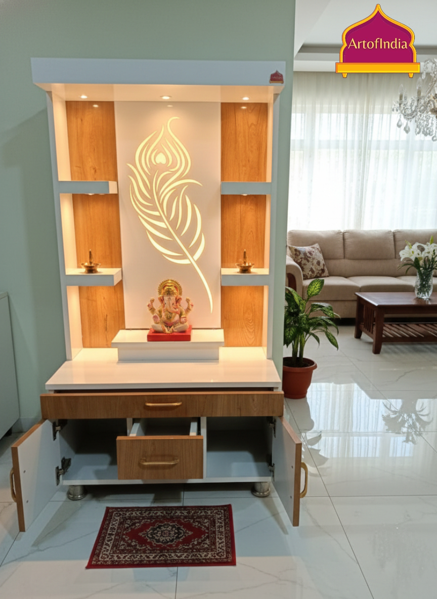 ARTOFINDIA White Wooden Pooja Mandir With Mor Pankh  Design Glass  and Drawers Included Tray